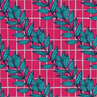 Outline foliage diagonal ornament seamless pattern. Bright blue botanic ornament on pink background with check. vector