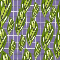 Abstract flora seamless pattern with bright green random leaf shapes. Purple chequered background. vector