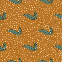 Green doodle simple style leaf seamless pattern. Orange dark background. Creative floral backdrop. vector