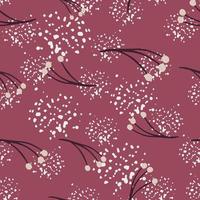 Bloom seamless pattern with berry branch doodle ornament. Dark pink background with splashes. vector