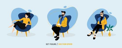 character set design is sitting on a chair, as a model, acting, or judge. vector