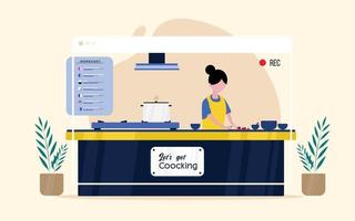 Cooking video blog on monitor display. Food blogger tells how to cook a dish. Woman chef teaches cooking a new recipe. Female follower study prepare food. Video tutorial. Flat Vector illustration