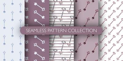 Set of seamless hand drawn pattern with vintage keys silhouettes. vector