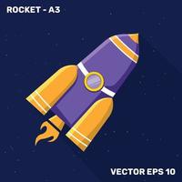 Rocket illustration, flat design rocket with purple and yellow color of shapes suitable for children's themes vector
