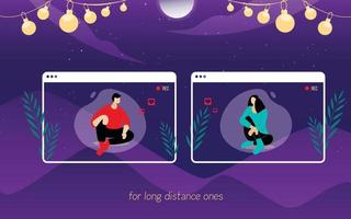 Romantic moment - couples who can only meet via video call, corona makes them unable to meet. Flat Vector illustration