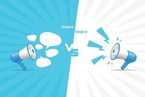 Two megaphone illustration templates for debate between blue vs white teams, and blank space for text. vector