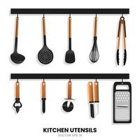 vector illustration - set of cookware for kitchen use, cookware with wooden algae, hanging neatly