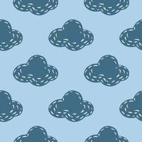 Minimalistic seamless sky pattern with clouds abstract silhouettes. Hand drawn shapes in blue and navy palette artwork. vector