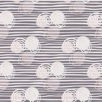 Abstract spirals seamless pattern on stripes vector background. Circle shape backdrop. Hand drawn Scandinavian style wallpaper. Line drawing.