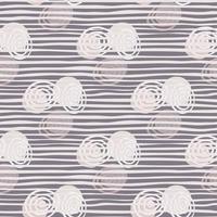 Abstract spirals seamless pattern on stripes vector background. Circle shape backdrop. Hand drawn Scandinavian style wallpaper. Line drawing.