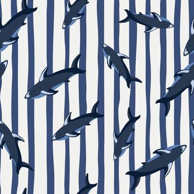 Animal ocean seamless pattern with random shark silhouettes print. Striped background. Doodle style.
