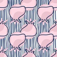 Lilac contoured pomegranate elements seamless doodle pattern. Striped white and navy blue background. vector