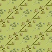 Decorative forest nature seamless pattern with beige and green berry silhouettes. Light green background. vector