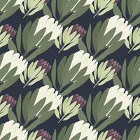 Doodle botanic seamless pattern with protea flowers silhouettes print. Navy blue background. vector