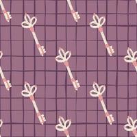 Seamless pattern with doodle simple pink and white colored keys shapes. Purple light chequered background. Vintage backdrop. vector