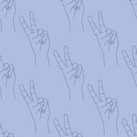 Seamless pattern of hand drawn doodle sketch peace sign. Silhouette contour on a blue background. Hand drawn expression gesture. vector