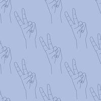 Seamless pattern of hand drawn doodle sketch peace sign. Silhouette contour on a blue background. Hand drawn expression gesture. vector