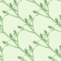 Spring seamless pattern with thorn twigs silhouettes. Green branches on light pastel background. Botanic artwork. vector