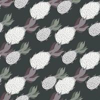 Dark abstract seamless food pattern with dragon fruits. White food shapes exotic artwork. vector