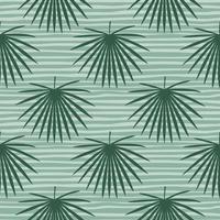 Seamless pastel soft botanic pattern with talipot leaf ornament. Green color elements on blue pastel striped background. vector