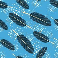 Random leaves ornament seamless doodle pattern. Navy color boranic elements on blue background with splashes. vector