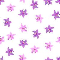 patrón inconsútil aislado con formas de flores de orquídeas de color púrpura y rosa dibujadas a mano. Fondo blanco. vector