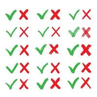 A large set of green ticks and red crosses in different styles. Vector illustration with symbols.