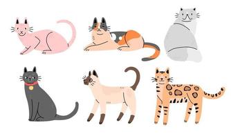 Set of cute cats of different breeds in flat cartoon style. Collection of characters of cats. Vector illustration.