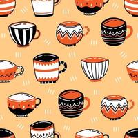 Seamless pattern with colored ceramic cups in a cute doodle style on an orange background. Vector illustration background.