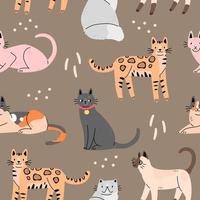 Seamless pattern with cute cats on a brown background. Background with animals. Vector illustration.