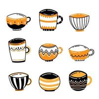 A set of assorted ceramic cups or mugs with patterns in a simple doodle style. Vector illustration isolated on white background.