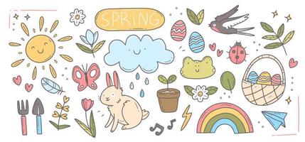 Spring doodle set. Cute set of spring cliparts, easter elements. Vector isolated illustration.