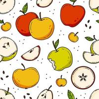 Seamless pattern with apples in cute doodle style. Vector illustration on white background. Background with fruits, apples, apple slices.