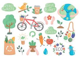 Eco set in cartoon cute style. Collection of eco friendly design elements. Vector illustration isolated on background.