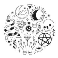 Set of elements of magic, esoteric doodle in the shape of a circle. Vector illustration with isolated elements.