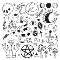 A set of elements on the theme of magic, esotericism, astrology in the style of doodle. Vector illustration with elements isolated on background.