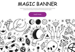 concepto de banner web sobre el tema de la magia y el esoterismo con lindos elementos de garabatos. ilustración vectorial en blanco y negro para sitios, banners web. vector