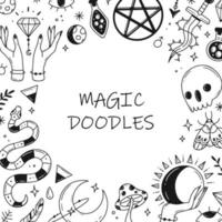 Frame made of magical, esoteric elements in doodle style. Vector black and white illustration.