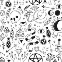 Large seamless pattern with black and white magic doodle elements on the theme of esotericism, magic, astrology. Vector illustration.