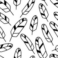 Black and white seamless pattern with feathers in simple doodle style. Vector illustration background.