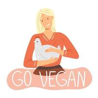 una niña sostiene un pollo en sus manos y la inscripción se vuelve vegana en una burbuja rosa. ilustración vectorial sobre el tema del veganismo y el vegetarianismo. vector