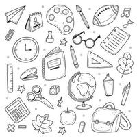 A set of school items in a simple doodle style. Vector line illustration isolated on background.
