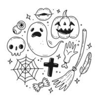 Set of doodle Halloween in the shape of a circle. Vector illustration with isolated elements.