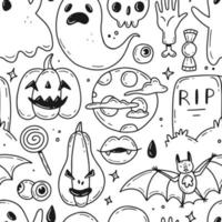 Halloween seamless pattern with cartoon simple doodle style elements. Vector black and white illustration background.