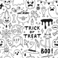Large halloween seamless pattern with cartoon simple doodle style elements. Vector black and white illustration background.