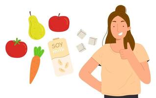 Young happy girl with supports vegan food and smiles. Vector illustration in cartoon style isolated on background.