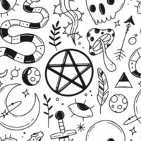 Seamless pattern with black and white magic doodle elements on the theme of esotericism, magic. Vector illustration.