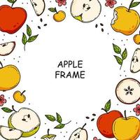 Round frame with different apples in a cute doodle style. Vector illustration.