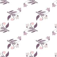 Isolated seamless pattern with pastel purple forest flowers bouquet ornament. Doodle village botanic elements on white background. vector