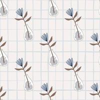 Blue flowers in a vases seamless pattern. Light background with check. Minimalistic design. vector